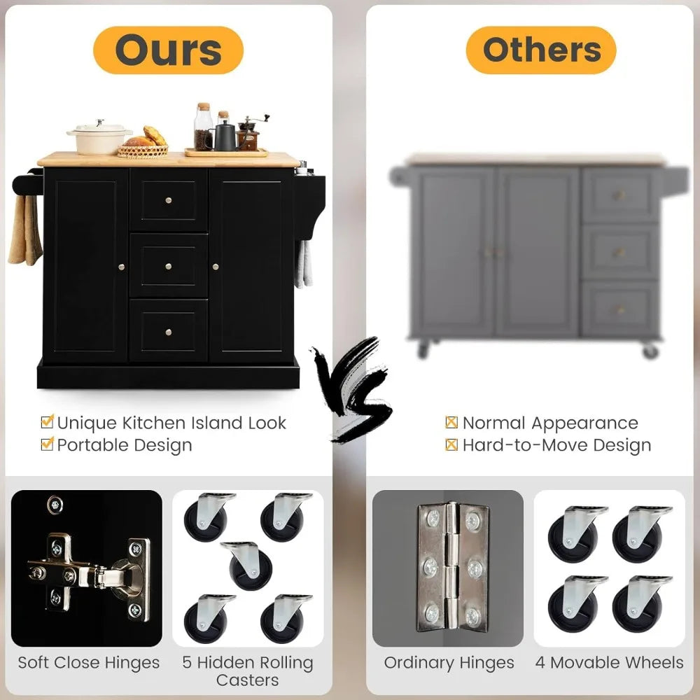 Kitchen Island Cart on Hidden Wheels, 3 Deep Drawers, Storage Cabinets with Adjustable Shelves, Kitchen Island Cart