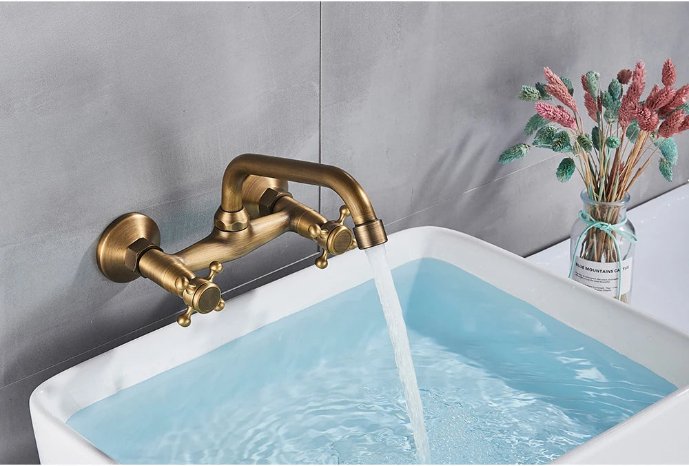 Antique Brass Basin Faucet Wall Mounted Bathroom Mixer Tap