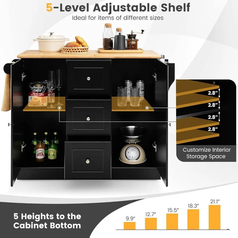 Kitchen Island Cart on Hidden Wheels, 3 Deep Drawers, Storage Cabinets with Adjustable Shelves, Kitchen Island Cart