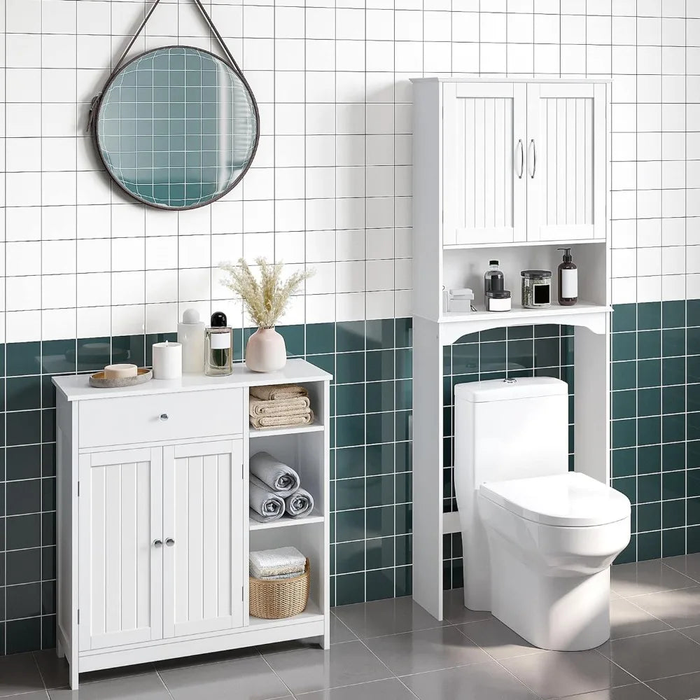 Bathroom Floor Cabinet, Kitchen Freestanding Storage Organizer, Large Side Cabinet with Doors, Drawer & Adjustable Shelves White
