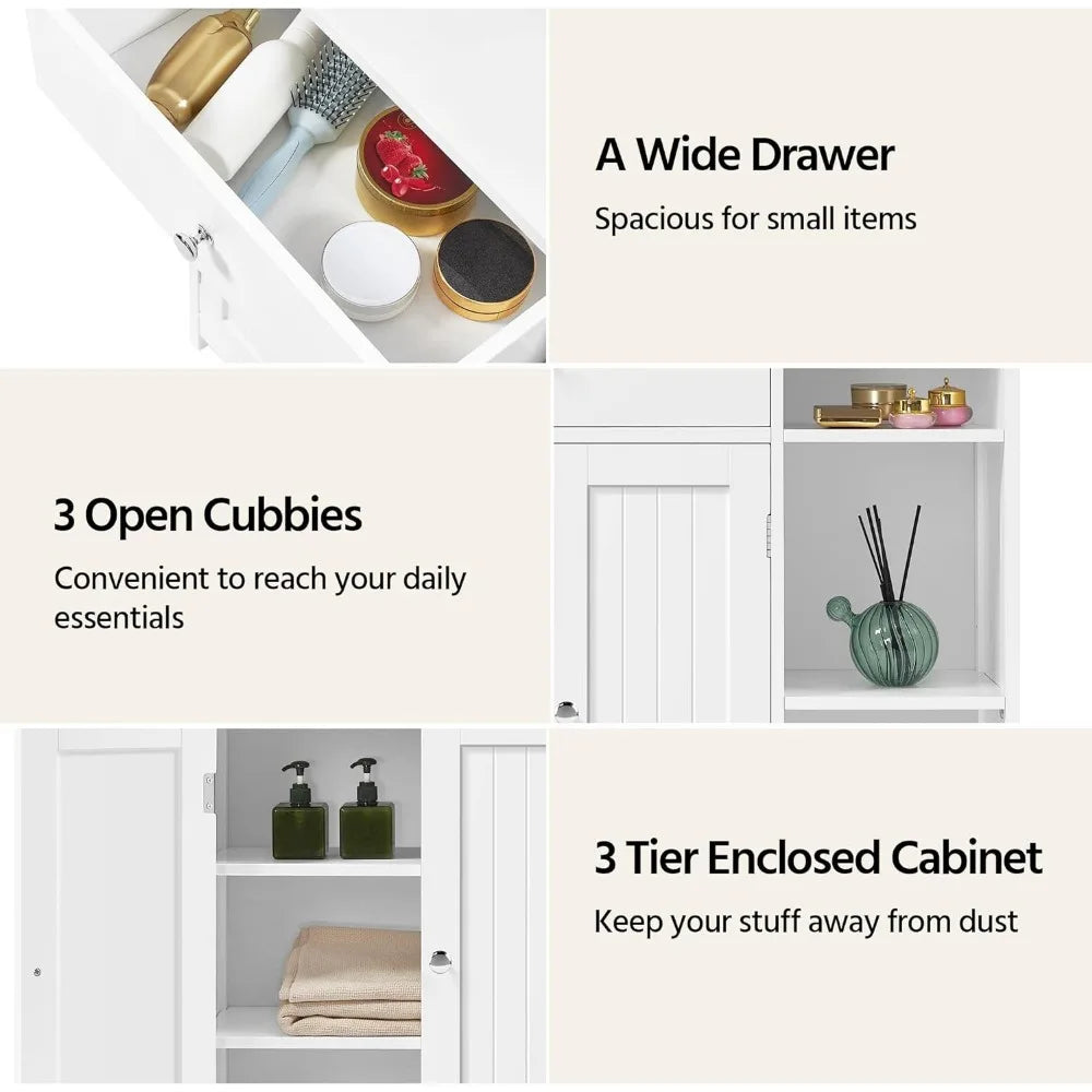 Bathroom Floor Cabinet, Kitchen Freestanding Storage Organizer, Large Side Cabinet with Doors, Drawer & Adjustable Shelves White