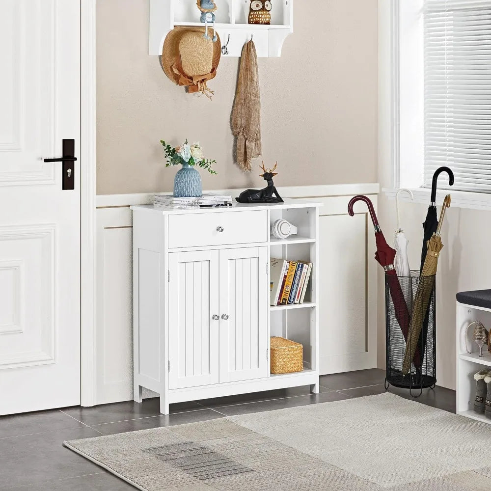Bathroom Floor Cabinet, Kitchen Freestanding Storage Organizer, Large Side Cabinet with Doors, Drawer & Adjustable Shelves White