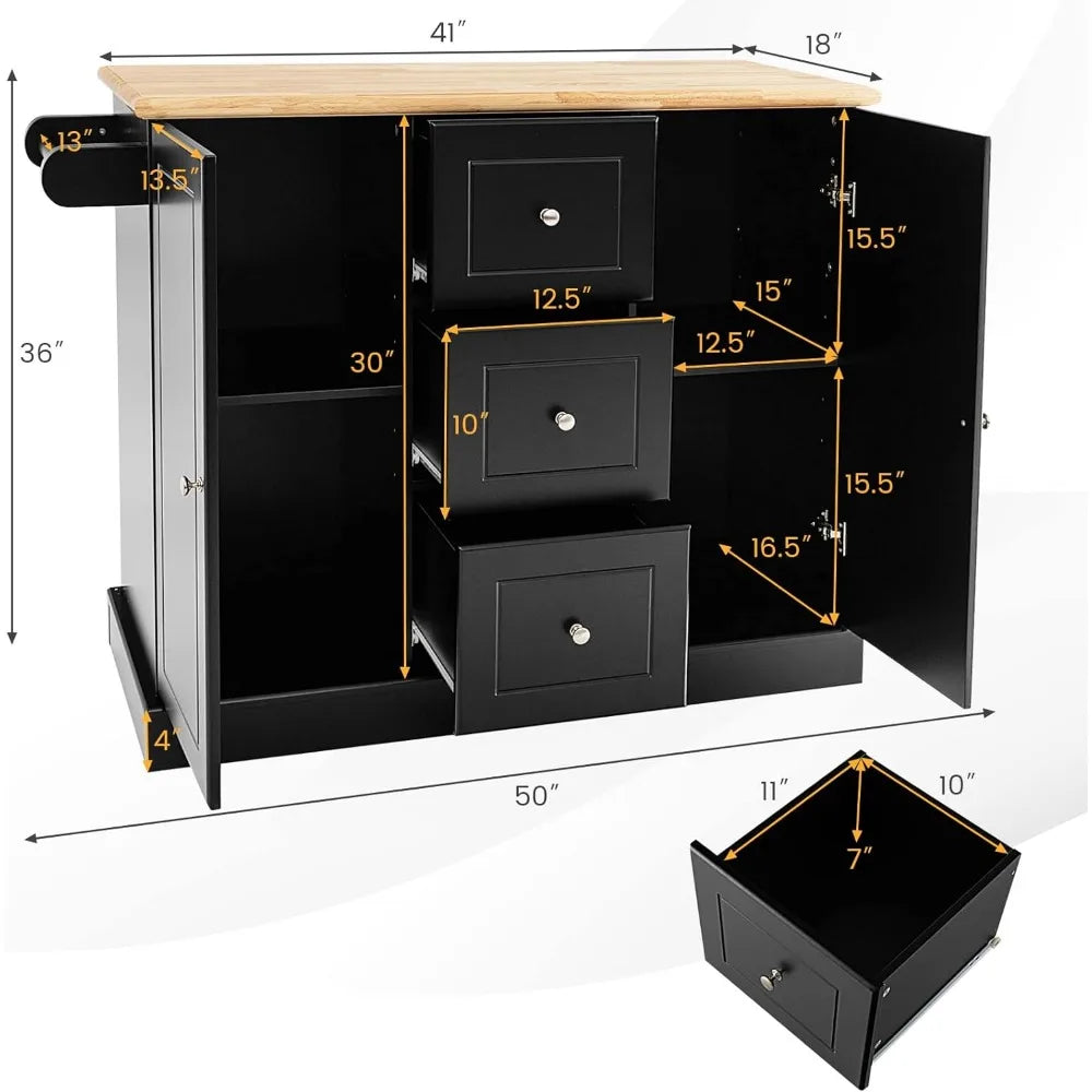 Kitchen Island Cart on Hidden Wheels, 3 Deep Drawers, Storage Cabinets with Adjustable Shelves, Kitchen Island Cart