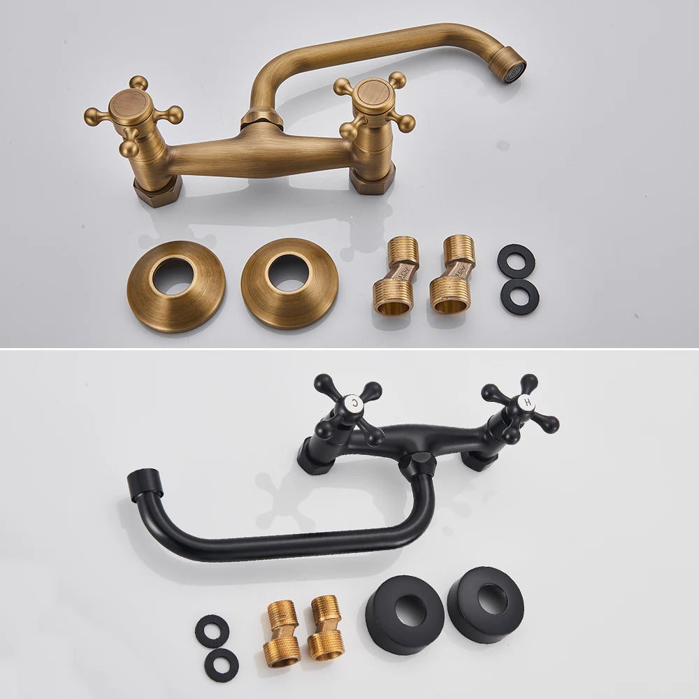 Antique Brass Basin Faucet Wall Mounted Bathroom Mixer Tap
