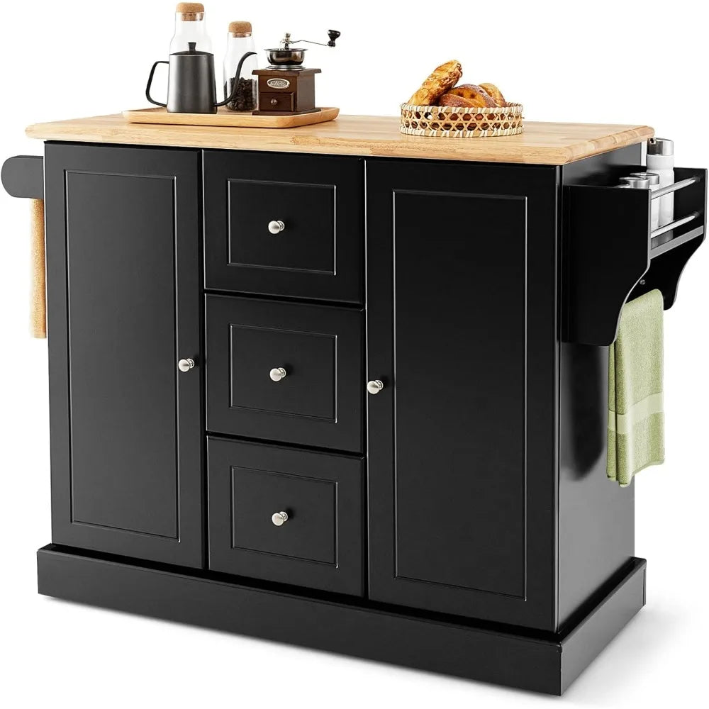 Kitchen Island Cart on Hidden Wheels, 3 Deep Drawers, Storage Cabinets with Adjustable Shelves, Kitchen Island Cart