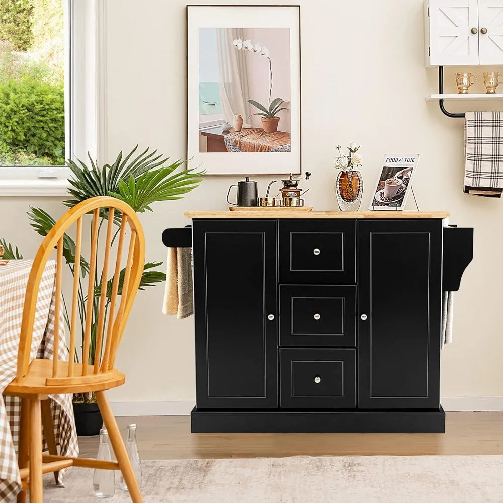 Kitchen Island Cart on Hidden Wheels, 3 Deep Drawers, Storage Cabinets with Adjustable Shelves, Kitchen Island Cart