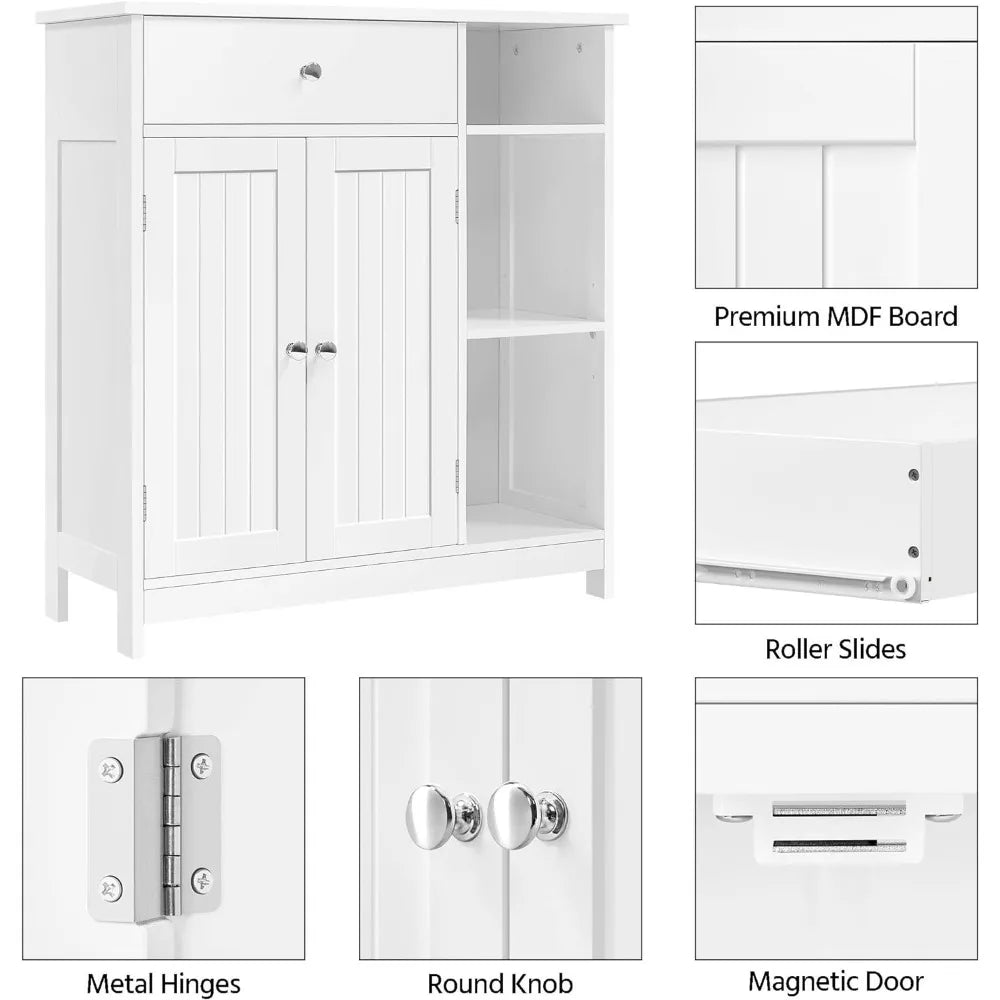 Bathroom Floor Cabinet, Kitchen Freestanding Storage Organizer, Large Side Cabinet with Doors, Drawer & Adjustable Shelves White