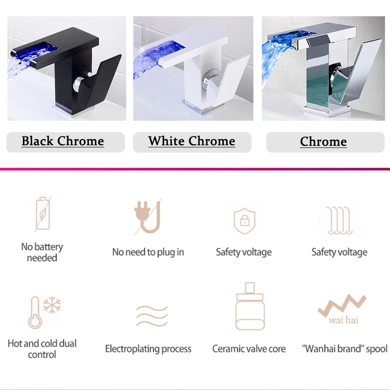 Bathroom Hydropower LED Waterfall Faucet Sink