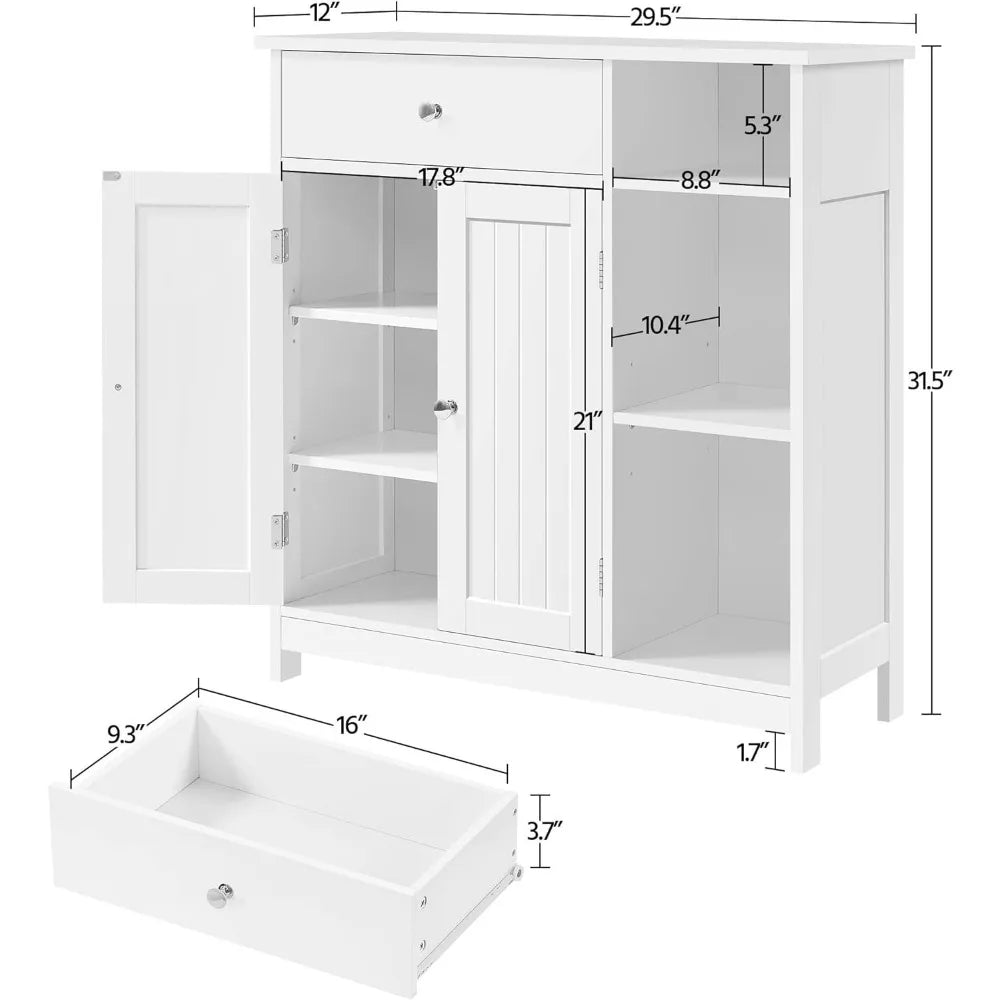 Bathroom Floor Cabinet, Kitchen Freestanding Storage Organizer, Large Side Cabinet with Doors, Drawer & Adjustable Shelves White