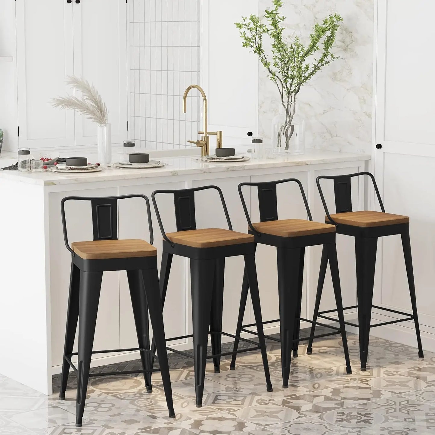 Metal Bar Stools Set of 4 Counter Height Bar Removable Back