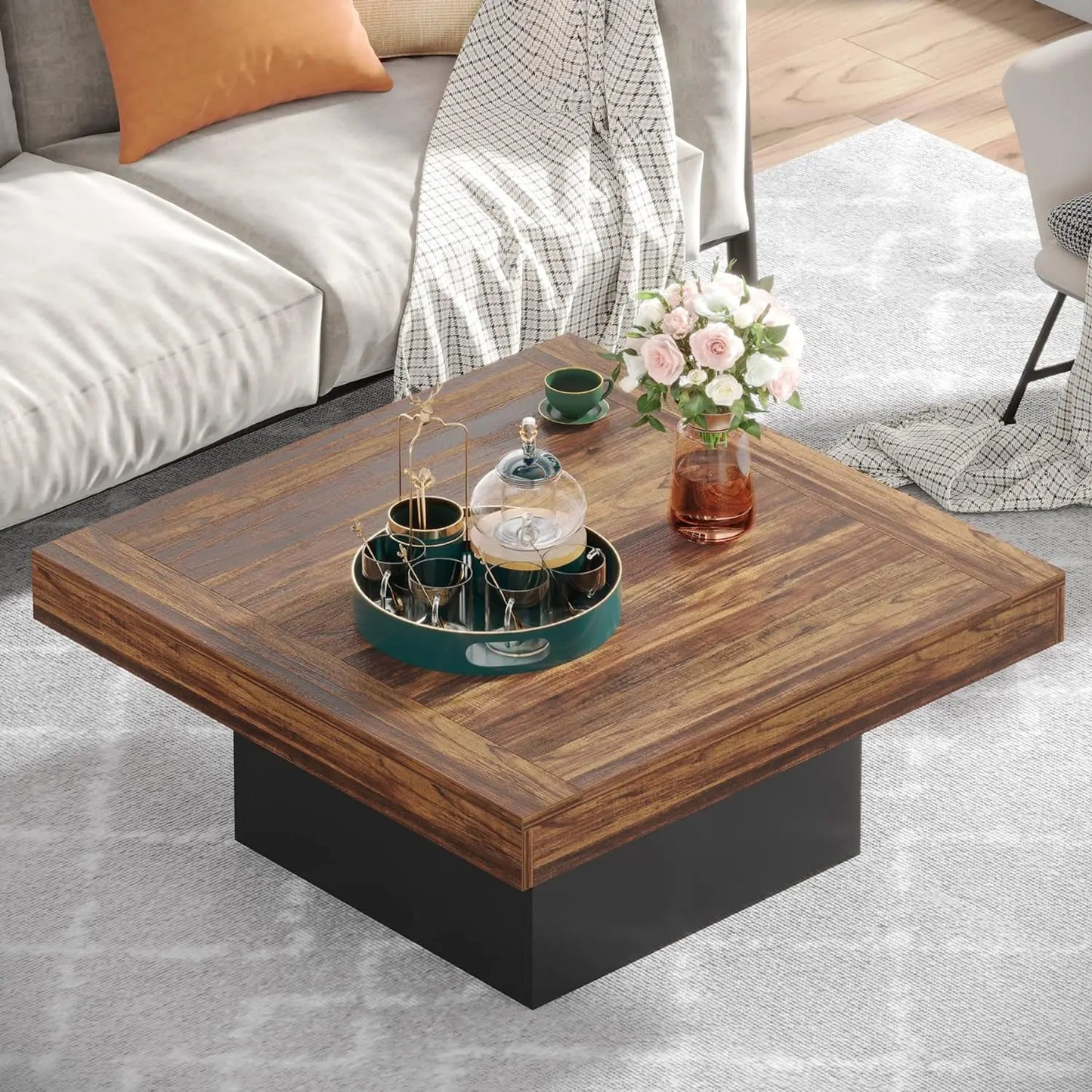 Coffee Table Square LED Engineered Wood Table for Living Room