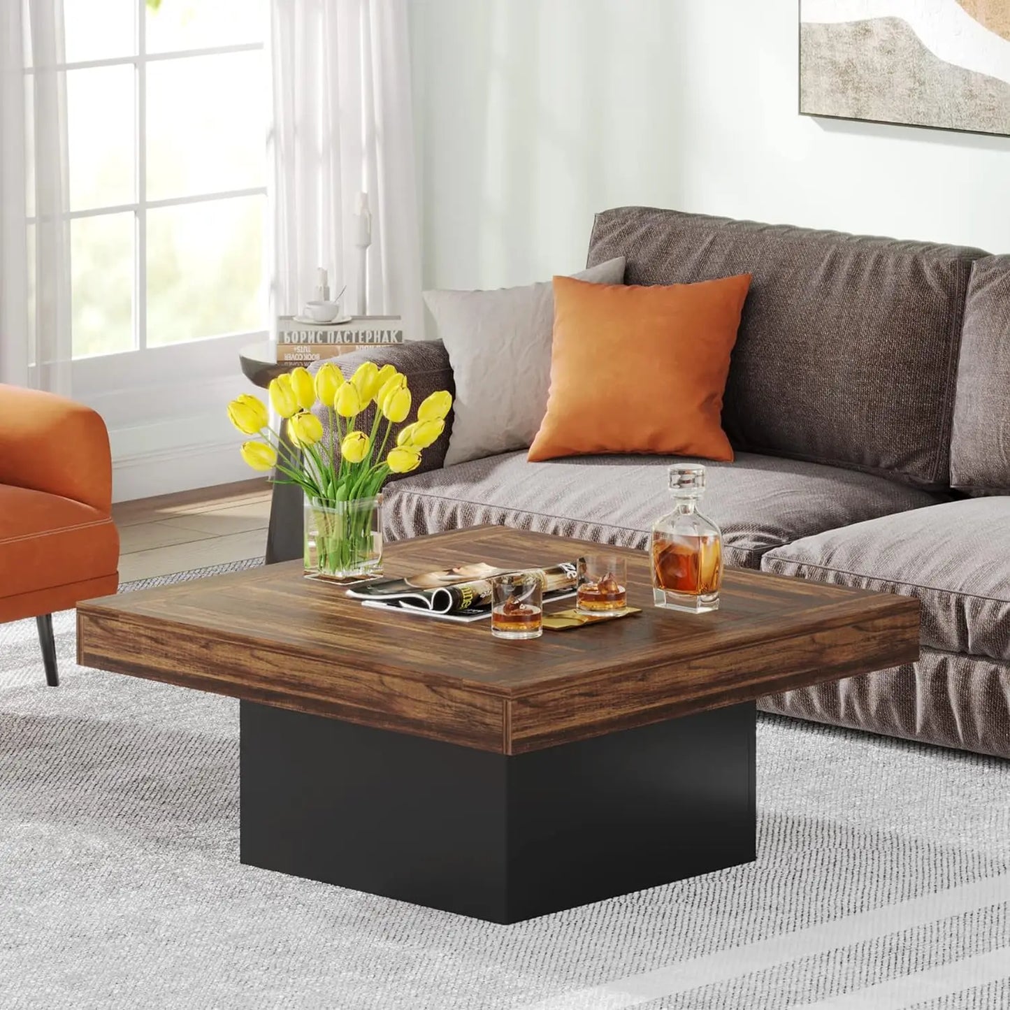 Coffee Table Square LED Engineered Wood Table for Living Room