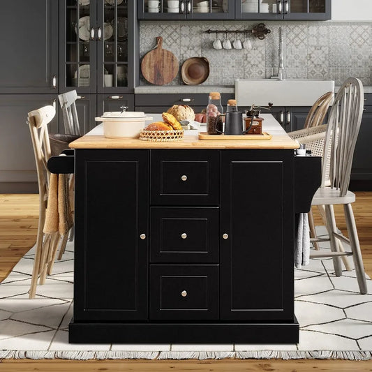 Kitchen Island Cart on Hidden Wheels, 3 Deep Drawers, Storage Cabinets with Adjustable Shelves, Kitchen Island Cart