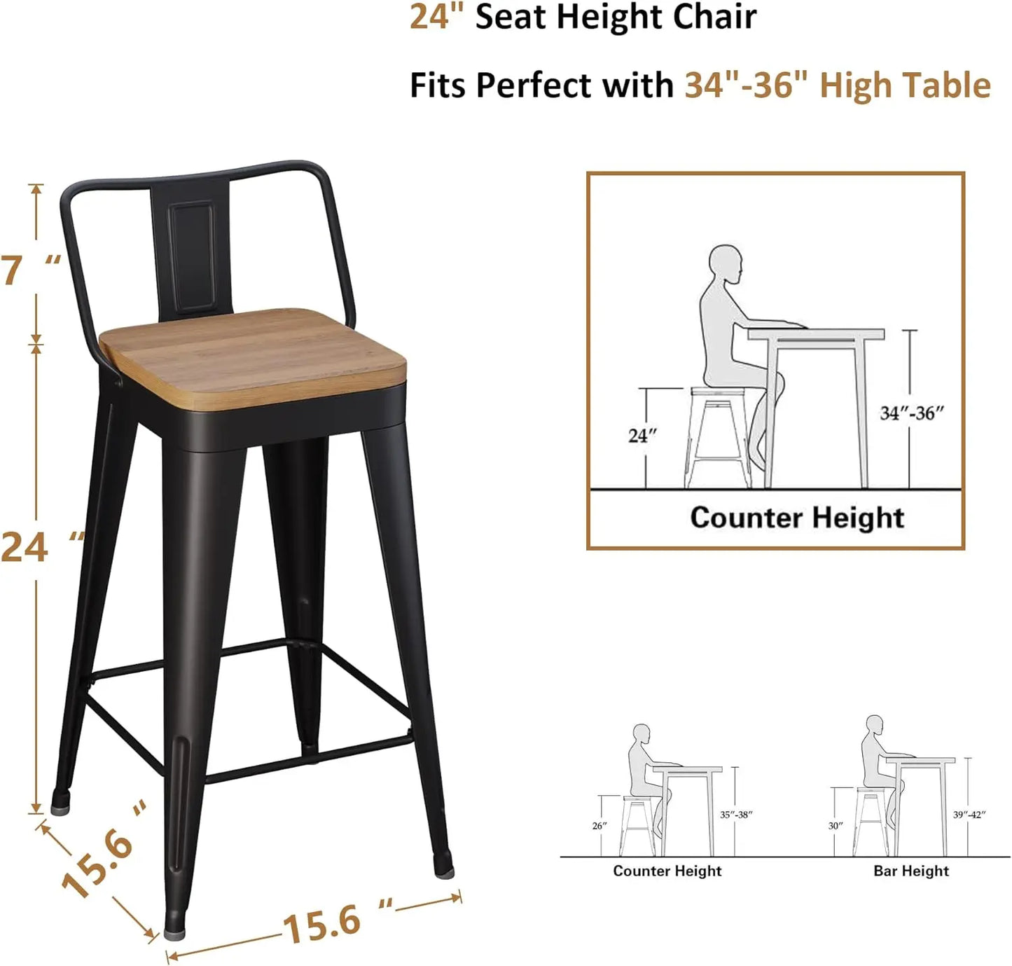 Metal Bar Stools Set of 4 Counter Height Bar Removable Back